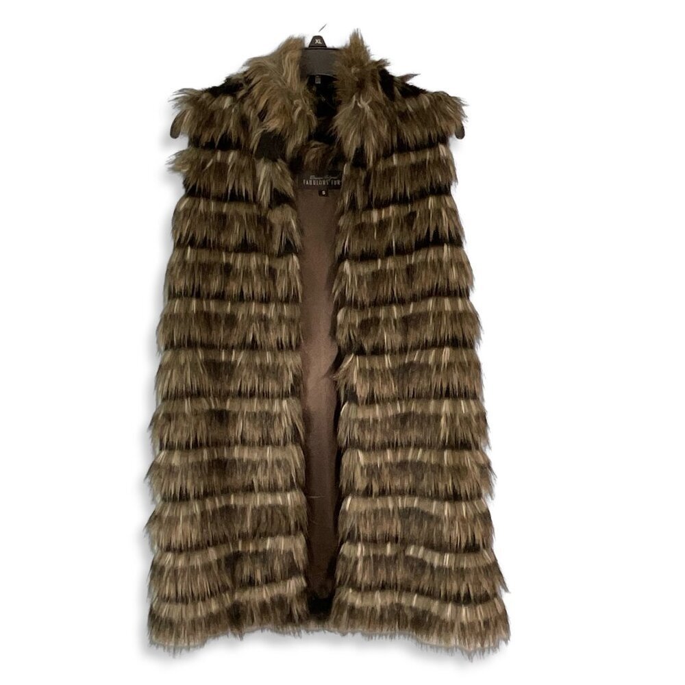 Donna Salyers Fab Furs Boho Chic Vest Womens S Black Tan Faux Fox Lined Pockets‎